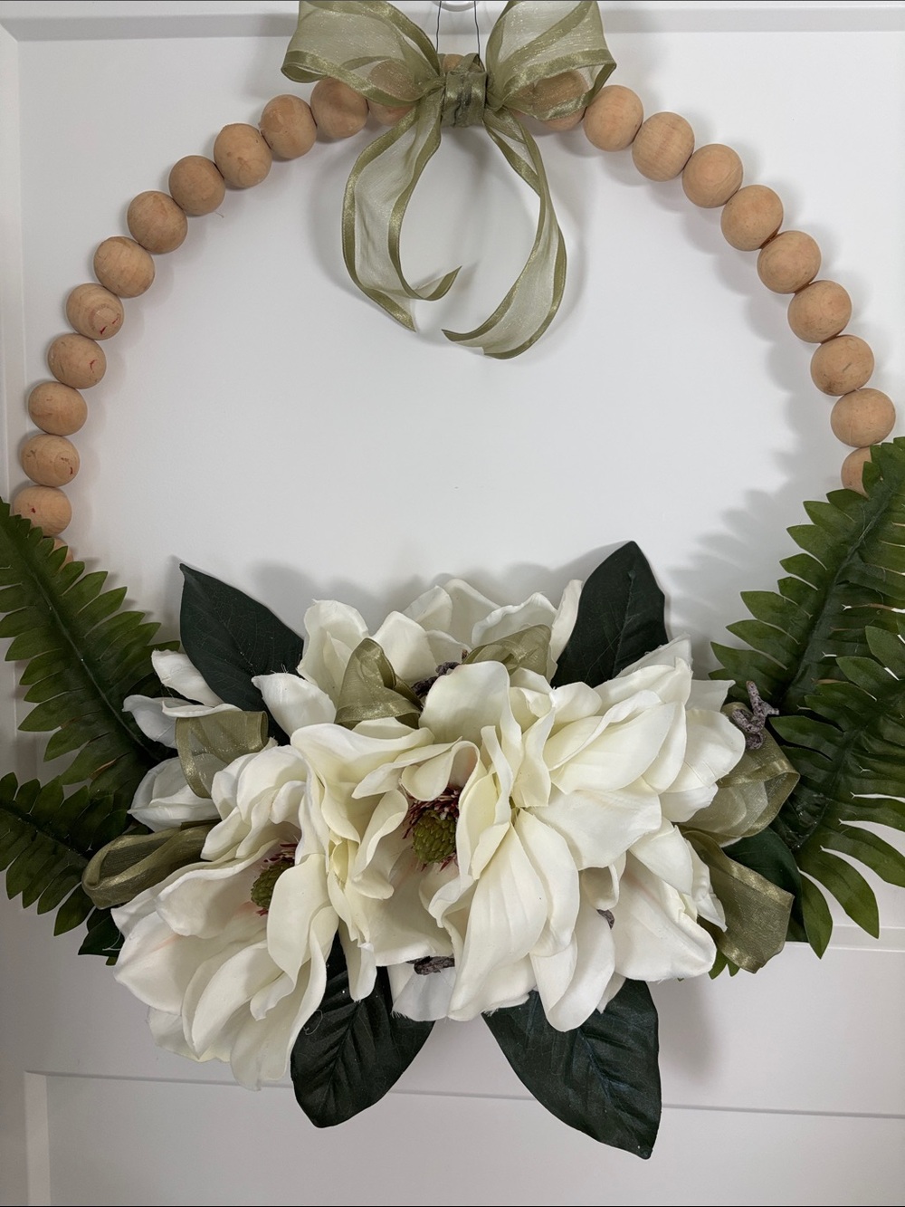 Hand Crafted White Floral Bead Hoop Wreath with Green Ribbon